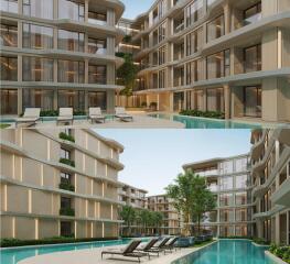 Modern apartment complex with pool area