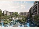 Luxury residential complex with swimming pools and greenery