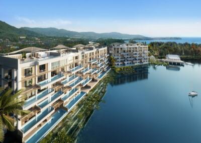 Luxury waterfront apartment complex with private pools