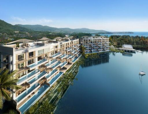 Luxury waterfront apartment complex with private pools