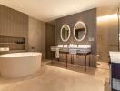 Modern bathroom with double sinks and freestanding bathtub