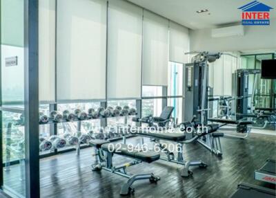 Modern gym with exercise equipment and city view