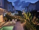 Cozy backyard with pool at dusk