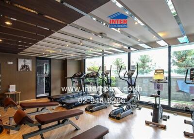 well-equipped modern gym with large windows