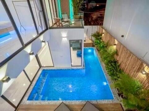 Modern outdoor patio with pool