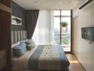 Modern bedroom with large window and city view