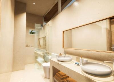 Modern bathroom with double sinks and large mirror