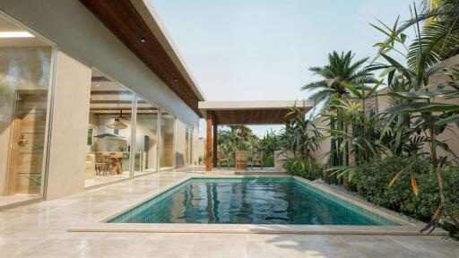 Outdoor pool area with modern design and greenery