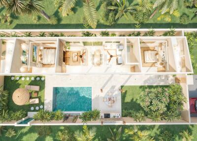 Aerial view of a modern house with outdoor pool and garden