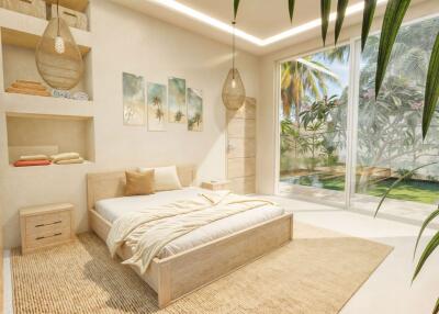 Spacious bedroom with large windows and outdoor view