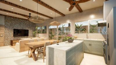 Modern kitchen and dining area with rustic touches