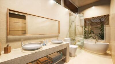 Modern and spacious bathroom with bathtub, double sinks, and shower