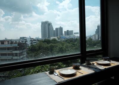 Dining area with a view of the city skyline