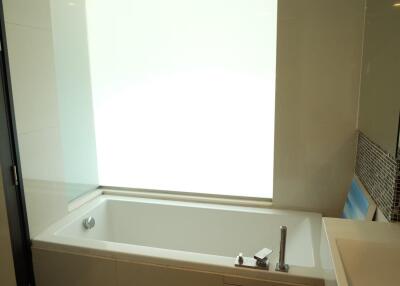 Modern bathroom with bathtub and frosted window
