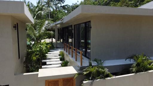 Modern exterior view of property with walkway and lush greenery