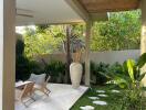 Stylish outdoor living area with greenery and seating