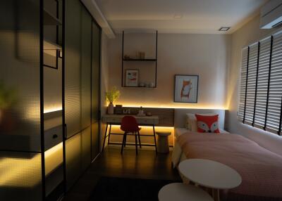 Modern, cozy bedroom with ambient lighting