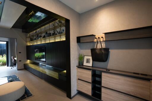 Modern living room with built-in entertainment center