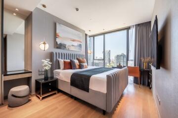 Modern bedroom with a large bed and city view