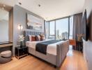 Modern bedroom with a large bed and city view