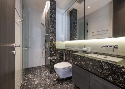 Modern bathroom with glass shower, wall-mounted toilet, and black marble countertop