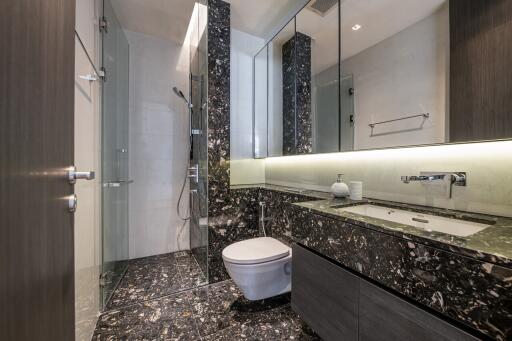 Modern bathroom with glass shower, wall-mounted toilet, and black marble countertop