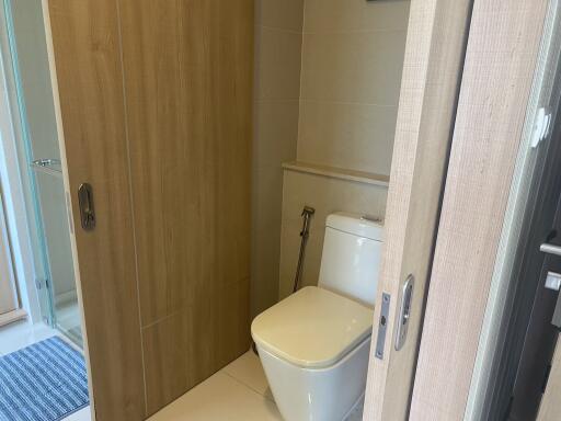 Compact bathroom with wooden sliding door