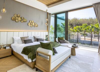 Modern bedroom with large windows and outdoor view