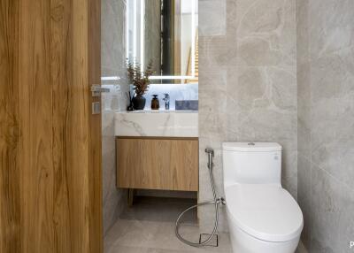 Modern bathroom with wooden door and marble tiles