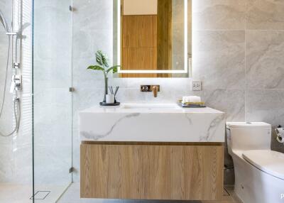 Modern bathroom with marble and wood finishes
