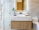 Modern bathroom with marble and wood finishes