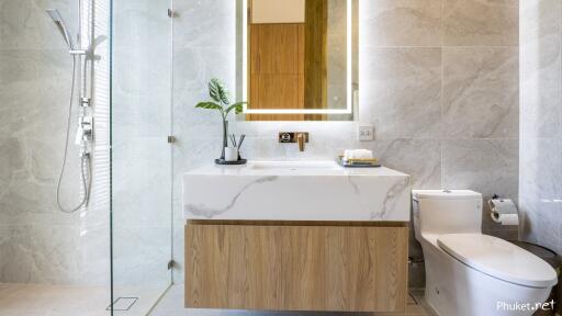 Modern bathroom with marble and wood finishes