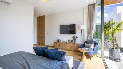 Modern living room with television and cozy seating