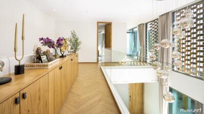 Spacious modern hallway with wooden cabinets and decorative elements