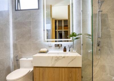 Modern bathroom with vanity, toilet, and shower area