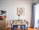 Modern dining area with wooden furniture and decorative elements