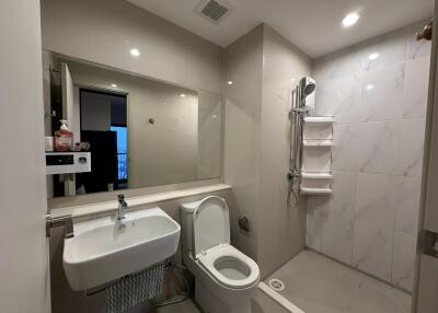 Modern bathroom with sink, toilet, and walk-in shower