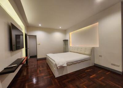 Spacious bedroom with modern decor and hardwood floors