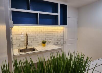 Modern kitchen with overhead cabinets, a sink, and a tiled backsplash