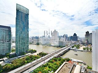 Aerial view of a cityscape with skyscrapers, river, and bridges