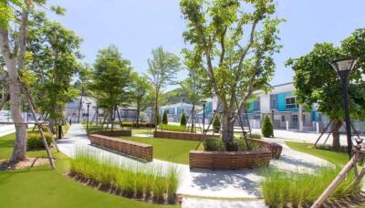 Scenic view of the gardens and pathways in a residential complex