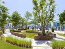 Scenic view of the gardens and pathways in a residential complex