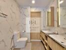 Modern bathroom with marble walls and double vanity