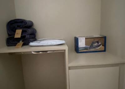 Closet with towels and iron box