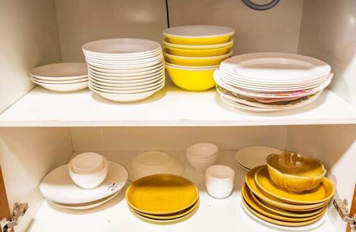 Kitchen cabinet with neatly stacked plates and bowls