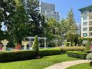 Beautiful landscaped garden with a pool and seating area at a residential property