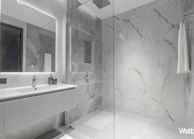 Modern bathroom with grey marble tiles