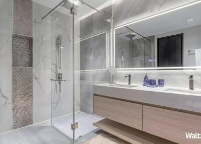 Modern bathroom with glass shower and double sink vanity