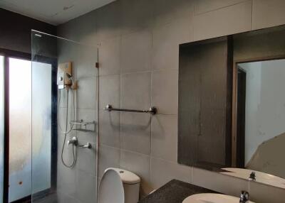 Modern bathroom with a glass shower partition and large mirror