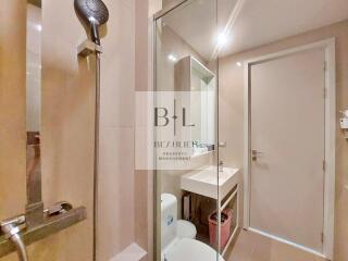 Modern bathroom with shower and vanity